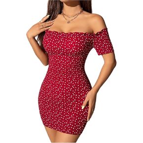 Milumia Women's Heart Print Off Shoulder Lettuce Trim Slim Fit Bodycon Mini Dress
