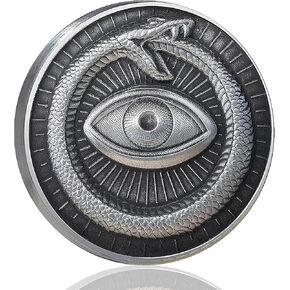 High Embossed Sun Moon All-Seeing Eye and Ouroboros Challenge Coin Symbols of Enlightenment and Eternity Bringing You Mysterious Power