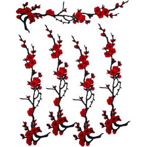 MSCFTFB 5 Pieces 14inch Long Plum Blossom Iron on Patches Floral Embroidered Patch Appliques Trimming for Neckline Shoes Jeans Clothes Repairing Embellishment Decor (Burgundy)