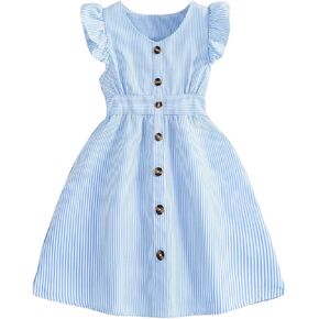 GORGLITTER Girl's Striped Print Ruffle Cap Sleeve Dress Button Front High Waist A Line Short Dresses