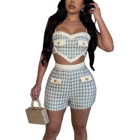 THLAI Plaid 2 Piece Sets for Women Tweed Houndstooth Spaghetti Strap Crop Top and Shorts Sets Summer Party Outfits Suits
