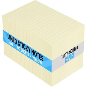 1IntheOffice Lined Sticky Notes 4x6, Post It Notes Lined, Lined Note Pads, Self-Stick, 100 Sheets/Pack, Yellow, 12 Pack