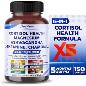 CORTISOL Health Ashwagandha 6000mg Magnesium 100mg Chamomile 500mg L-Theanine - Made in USA