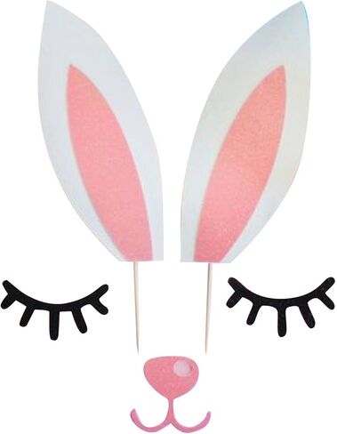 2Pcs Pink Glitter Bunny Ears Cake Topper Easter Bunny Cake Topper with Eyelashes Nose Picks for Easter Spring Theme Decorations in Kuwait