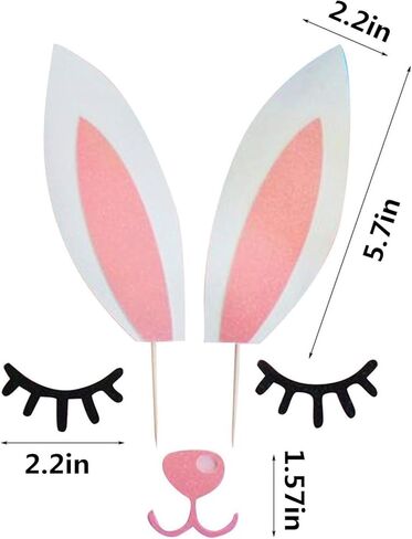 2Pcs Pink Glitter Bunny Ears Cake Topper Easter Bunny Cake Topper with Eyelashes Nose Picks for Easter Spring Theme Decorations in Kuwait