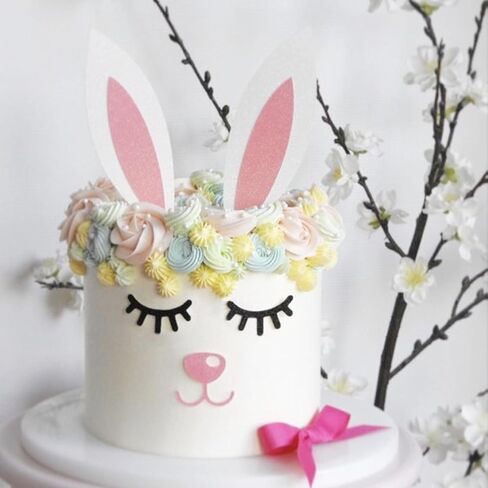 2Pcs Pink Glitter Bunny Ears Cake Topper Easter Bunny Cake Topper with Eyelashes Nose Picks for Easter Spring Theme Decorations in Kuwait