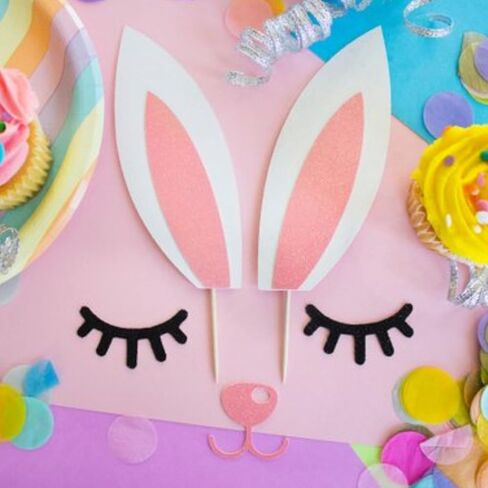 2Pcs Pink Glitter Bunny Ears Cake Topper Easter Bunny Cake Topper with Eyelashes Nose Picks for Easter Spring Theme Decorations in Kuwait