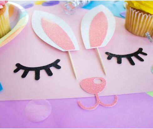2Pcs Pink Glitter Bunny Ears Cake Topper Easter Bunny Cake Topper with Eyelashes Nose Picks for Easter Spring Theme Decorations in Kuwait