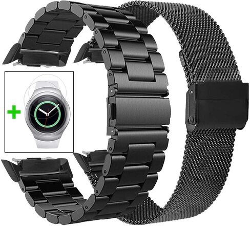 KOREDA Compatible with Samsung Gear S2 Bands Sets, 2 Pack Stainless Steel Metal Band + Mesh Loop Replacement Bracelet Strap for Gear S2 Sport Smart Watch SM-R720/R730 (2 Pack Black) in Saudi Arabia