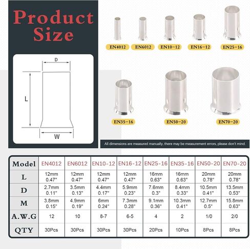 Hilitchi 166Pcs Wire Ferrules Kit Tinned Copper Crimp Connector Non Insulated Electrical Cable Pin Cord End Terminal Assortment Kit (AWG 12 10 8 6 4 2 1/0 2/0) in Saudi Arabia