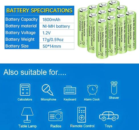12PCS 1.2V 1800mAh Ni-MH AA Rechargeable Battery for Wireless Microphones, Electric Toys, Remote Mice, Calculators, Razors, Keyboards (12PCS Battery) in Saudi Arabia