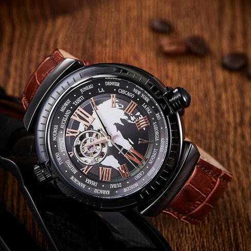 Automatic Watches for Men, Leather Strap Mechanical Watch, Water Resistant Skeleton Watch, Self Winding Watches for Men (No Battery Needed) in Kuwait