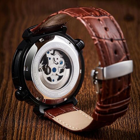 Automatic Watches for Men, Leather Strap Mechanical Watch, Water Resistant Skeleton Watch, Self Winding Watches for Men (No Battery Needed) in Kuwait