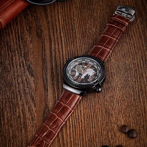 Automatic Watches for Men, Leather Strap Mechanical Watch, Water Resistant Skeleton Watch, Self Winding Watches for Men (No Battery Needed) in Kuwait