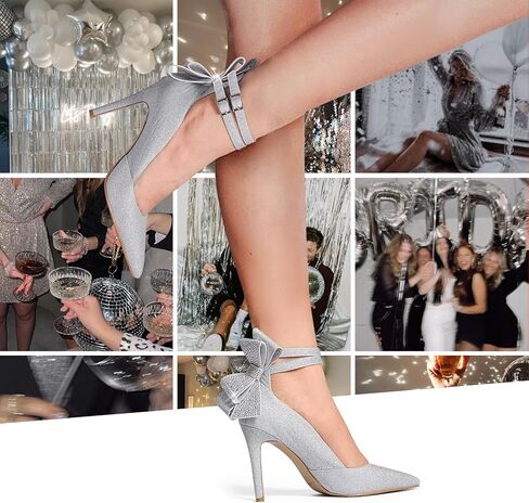 MUCCCUTE الكعب العالي القوس الخلفي Stiletto أشار إغلاق تو مثير مضخات سباركلي بريق الكاحل حزام الزفاف حزب الكعوب لحفل الزفاف حفلة موسيقية in Kuwait