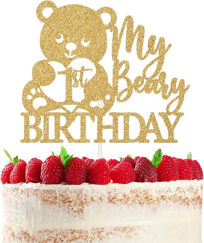 غلاف كعكة عيد الميلاد الأول من My Beary، ديكور كعكة عام بري واحد، زينة على شكل دب للأطفال الأولاد والبنات السعيدة لحفلات أعياد الميلاد الأولى باللون الذهبي اللامع in Kuwait