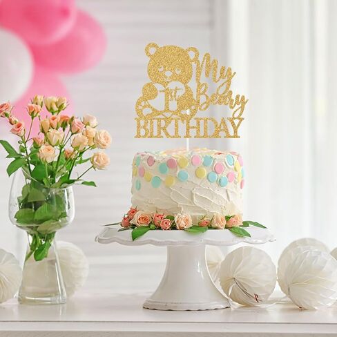 غلاف كعكة عيد الميلاد الأول من My Beary، ديكور كعكة عام بري واحد، زينة على شكل دب للأطفال الأولاد والبنات السعيدة لحفلات أعياد الميلاد الأولى باللون الذهبي اللامع in Kuwait