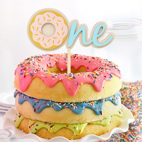 Donut One Wood Cake Topper - Blue Donut First Birthday Cake Decorating Supplies, Suitable for Baby Shower Favors, Baby Gender Reveal, Baby Birthday Party or Baby Photo Booth Props in Kuwait