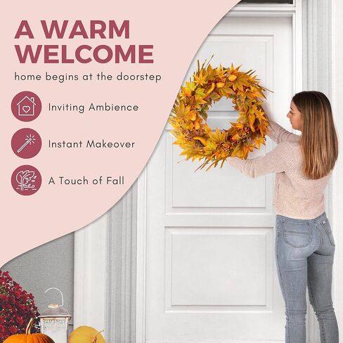 أكاليل الخريف للباب الأمامي 22 بوصة، أوراق القيقب، اليقطين، التوت، سقوط الباب الأمامي، إكليل الخريف، ديكور لعيد الشكر، حصاد الهالووين، مزرعة خارج الخريف، ديكورات داخلية وخارجية in Kuwait