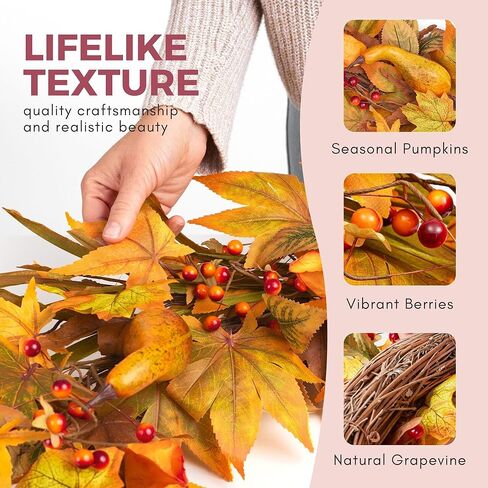 أكاليل الخريف للباب الأمامي 22 بوصة، أوراق القيقب، اليقطين، التوت، سقوط الباب الأمامي، إكليل الخريف، ديكور لعيد الشكر، حصاد الهالووين، مزرعة خارج الخريف، ديكورات داخلية وخارجية in Kuwait
