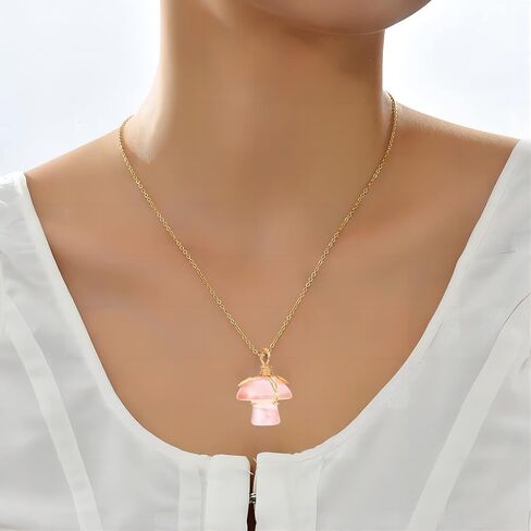 Mushroom Crystal Pendant Necklace for Women Colorful Stone Metal Rimmed Mushroom Necklace Teenage Girl Graduation Charm Necklace Jewelry(Pink/Purple in Saudi Arabia