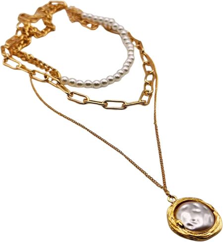 Charming Three Layered Gold Plated Cuban Link With Hammered Pearl Pendant Necklace For Woman And Girls in Saudi Arabia