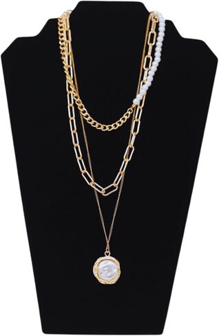 Charming Three Layered Gold Plated Cuban Link With Hammered Pearl Pendant Necklace For Woman And Girls in Saudi Arabia