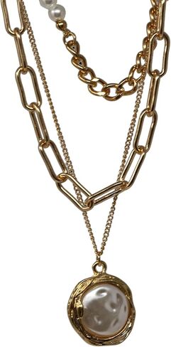 Charming Three Layered Gold Plated Cuban Link With Hammered Pearl Pendant Necklace For Woman And Girls in Saudi Arabia