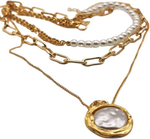 Charming Three Layered Gold Plated Cuban Link With Hammered Pearl Pendant Necklace For Woman And Girls in Saudi Arabia