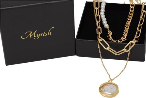 Charming Three Layered Gold Plated Cuban Link With Hammered Pearl Pendant Necklace For Woman And Girls in Saudi Arabia