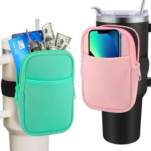 2pcs Water Bottle Pouch for Stanley, Water Bottle Pouch for Stanley Cup 40oz with Handle, Running Water Bottle Pouch Compatible With Stanley Tumbler Pouch with Pocket, for Phone, Cards(Pink+Green) in Saudi Arabia