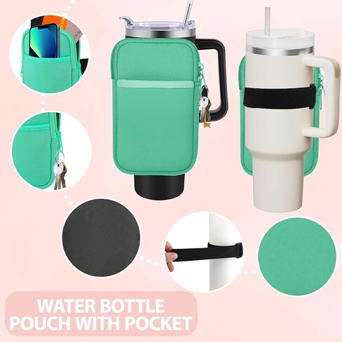 2pcs Water Bottle Pouch for Stanley, Water Bottle Pouch for Stanley Cup 40oz with Handle, Running Water Bottle Pouch Compatible With Stanley Tumbler Pouch with Pocket, for Phone, Cards(Pink+Green) in Saudi Arabia