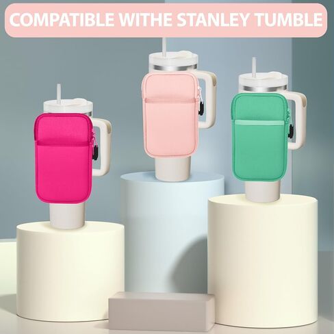 2pcs Water Bottle Pouch for Stanley, Water Bottle Pouch for Stanley Cup 40oz with Handle, Running Water Bottle Pouch Compatible With Stanley Tumbler Pouch with Pocket, for Phone, Cards(Pink+Green) in Saudi Arabia