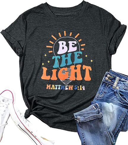 كن الضوء قميص المرأة ماثيو 5:14 المسيحيين تي شيرت الكتاب المقدس الآية ملهمة تي شيرت يسوع قصيرة الأكمام in Kuwait
