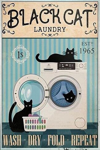 Metal Tin Sign Retro Wall Decor Black Cat Laundry Wash Dry Fold Repeat - Laundry Room Decor, Home Decor, Aluminum Sign Wall Sign Vintage Distressed Bathroom Wall Plaque 8X12Inches in Saudi Arabia