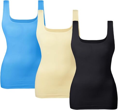 EUYZOU Women‘s 3PK Tummy Control Shapewear Tank Tops Seamless Square Neck Compression Tops Slimming Body Shaper Camisole - Black/Yellow/Blue L in Kuwait