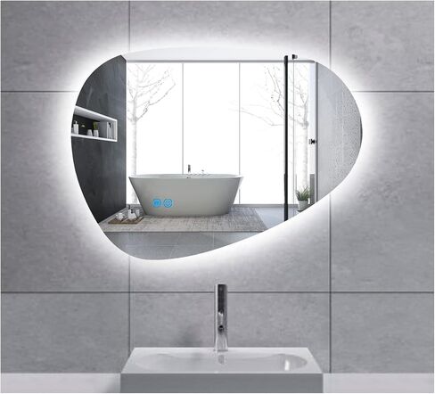 مرآة LED مثبتة على الحائط للحمام، شكل غير منتظم بدون إطار، 24 بوصة طول × 32 بوصة عرض، وظيفة إزالة الضباب، مرآة زينة قابلة للتعتيم، مقاومة للماء، لون LED منظم، مستشعر يعمل باللمس، مضاد للضباب in Saudi Arabia