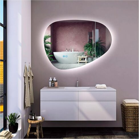مرآة LED مثبتة على الحائط للحمام، شكل غير منتظم بدون إطار، 24 بوصة طول × 32 بوصة عرض، وظيفة إزالة الضباب، مرآة زينة قابلة للتعتيم، مقاومة للماء، لون LED منظم، مستشعر يعمل باللمس، مضاد للضباب in Saudi Arabia