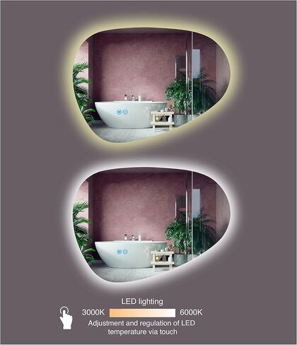 مرآة LED مثبتة على الحائط للحمام، شكل غير منتظم بدون إطار، 24 بوصة طول × 32 بوصة عرض، وظيفة إزالة الضباب، مرآة زينة قابلة للتعتيم، مقاومة للماء، لون LED منظم، مستشعر يعمل باللمس، مضاد للضباب in Saudi Arabia