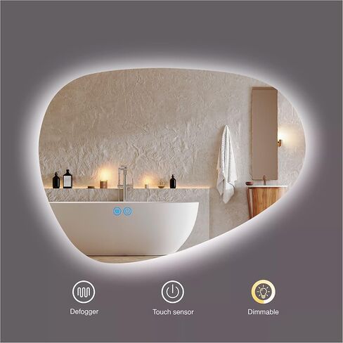 مرآة LED مثبتة على الحائط للحمام، شكل غير منتظم بدون إطار، 24 بوصة طول × 32 بوصة عرض، وظيفة إزالة الضباب، مرآة زينة قابلة للتعتيم، مقاومة للماء، لون LED منظم، مستشعر يعمل باللمس، مضاد للضباب in Saudi Arabia