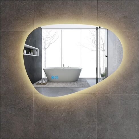 مرآة LED مثبتة على الحائط للحمام، شكل غير منتظم بدون إطار، 24 بوصة طول × 32 بوصة عرض، وظيفة إزالة الضباب، مرآة زينة قابلة للتعتيم، مقاومة للماء، لون LED منظم، مستشعر يعمل باللمس، مضاد للضباب in Saudi Arabia