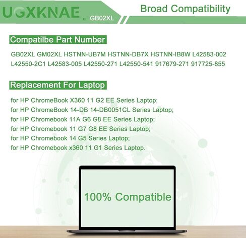 GB02XL Battery for HP Chromebook 14-DB0051CL X360 11 G2 EE Chromebook 11A G5 G6 G8 EE Series Notebook HSTNN-UB7M HSTNN-DB7X L42550-271 L42550-541 L42583-005 917725-855 47.3Wh 14-DH in Kuwait