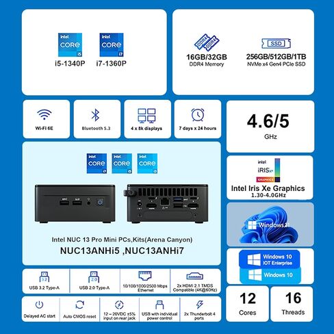 Intel NUC13 Pro NUC13ANHi5 16GB RAM 512GB SSD Mini PC Mini Computer,i5-1340P 12 Core,16 Thread,Win 11 Pro Mini Computers,Up to 4.6 GHz Turbo,NVMe SSD DDR4RAM,WiFi 6E,BT 5.3,8K Support,HTPC,Gaming in Kuwait