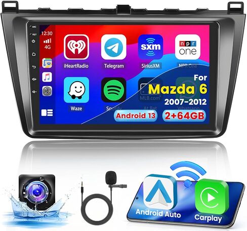 راديو ستيريو للسيارة 2+64G Android 13 CarPlay لمازدا 6 2007-2012، شاشة لمس عالية الدقة 9 بوصة متوافقة مع Android Auto، كاميرا احتياطية AHD، وصلة مرآة، GPS، WiFi، FM RDS in Saudi Arabia
