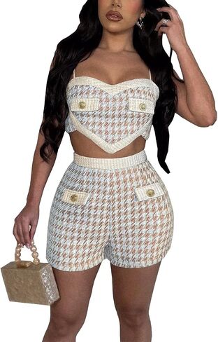 THLAI منقوشة 2 قطعة مجموعات للنساء تويد houndstooth السباغيتي حزام المحاصيل الأعلى والسراويل مجموعات الصيف ملابس الحفلات الدعاوى in Kuwait
