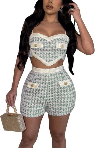 THLAI منقوشة 2 قطعة مجموعات للنساء تويد houndstooth السباغيتي حزام المحاصيل الأعلى والسراويل مجموعات الصيف ملابس الحفلات الدعاوى in Kuwait