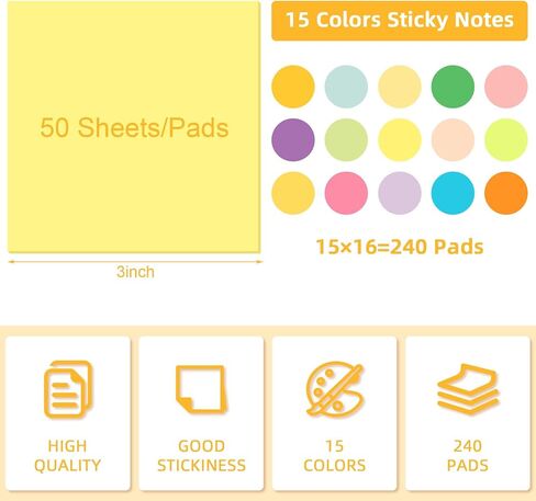 240 Pads 3 x 3 Inch Sticky Notes Notepads Multi Bright Colors Self Sticky Pads Post Notes for Students Teachers School Office Supply Desk Accessory 15 Colors, 50 Sheets Each (Neon,Blank) in Saudi Arabia