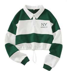 Verdusa Women's Color Block Striped Drawstring Crop Top Collar Long Sleeve Sweatshirt