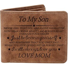 To My Son Gifts,Leather Wallet for Men,Engraved Personalized Leather Wallet,Birthday Christmas Gifts for Son from Mom Dad,Inspirational Gifts for Boy (Never Feel Son from Dad)