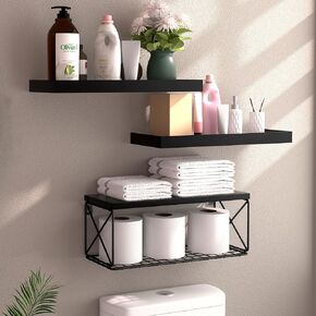 3+1 Tier Floating Shelves with Wire Storage Basket, Bathroom Shelves Over Toilet with Protective Metal Guardrail, Wood Wall Shelves for Kitchen, Bedroom, Living Room and Plants(Black)